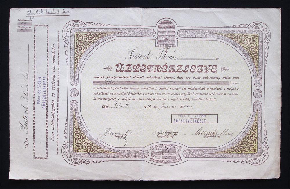 P�cs �s Vid�ke B�rsz�vetkezet �zletr�szjegy 20 korona 1914